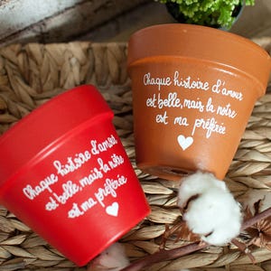 Peut inclure: Deux pots de fleurs en terre cuite avec des inscriptions peintes en blanc. Le pot rouge dit "Chaque histoire d'amour est belle, mais la notre est ma préférée" et le pot brun dit "Chaque histoire d'amour est belle, mais la notre est ma préférée".