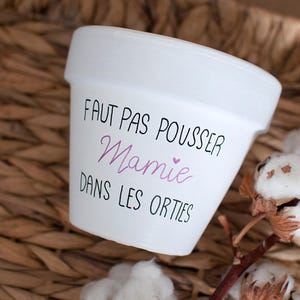 Peut inclure: Pot de fleurs en céramique blanche avec le texte "Faut pas pousser Mamie dans les orties" en lettres noires et roses.