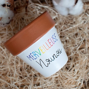 Peut inclure: Un petit pot de fleurs en céramique blanche avec un bord marron. Le pot est décoré des mots "MERVEILLEUSE Nounou" en lettrage coloré. Le pot repose sur un lit de paille.