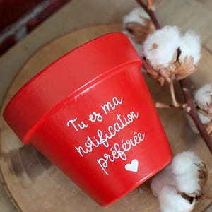 Peut inclure: Un pot de fleur en céramique rouge vif avec l'inscription "Tu es ma notification préférée" en blanc, ainsi qu'un petit cœur blanc. Le pot est présenté avec des branches de coton sur une surface en bois.