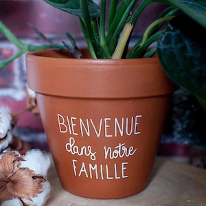 Peut inclure: Un pot de fleurs en terre cuite avec les mots "Bienvenue dans notre famille" écrits en peinture blanche.