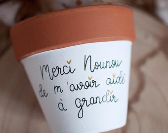 Cache pot/Pot en terre cuite personnalisé bicolore : Merci nounou de m’avoir aidé(e) à grandir [Cadeau nounou / Cadeau fin d'année scolaire]