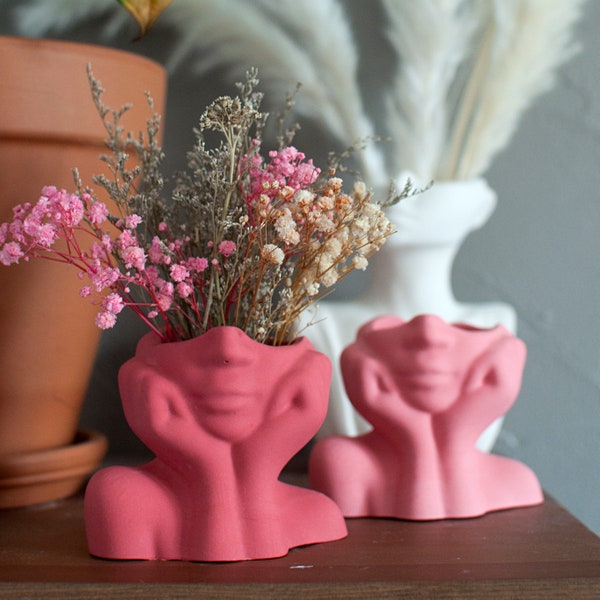 Pot décoratif en Jesmonite : Visage féminin Rose