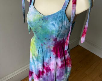 Damen XS Regenbogen Kleid verstellbarer Riemen Baumwolle Midi Gaze Slip-on