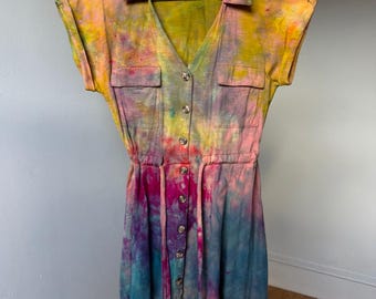 Frauen L Ölen Slick Regenbogen Kleid Knopf ärmellose Baumwolle Slip auf verstellbare Taille