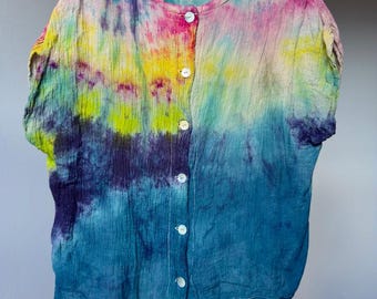 Frauen L blau Regenbogen Bluse Top Button-Up Leinenhemd Sommerkleidung