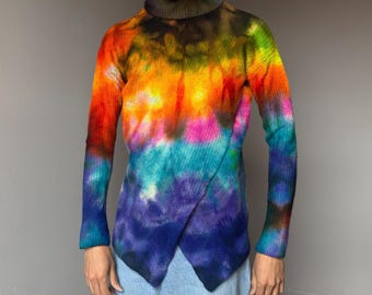 Frauen M schwarzer Regenbogen Rollkragenpullover Wolle Pullover