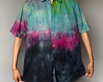 Herren XL Galaxy Regenbogen Button-Up-Shirt Leinen-Baumwoll-Kurzarmshirt