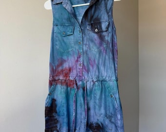 Women’s XS blue Rainbow Short Romper tencell beach tie dye outfit buttons up at chest