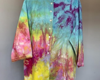 Damen XL-XXL Pastell Regenbogen Bluse mit Knöpfen und Ärmeln Stehkragen Leinenhemd