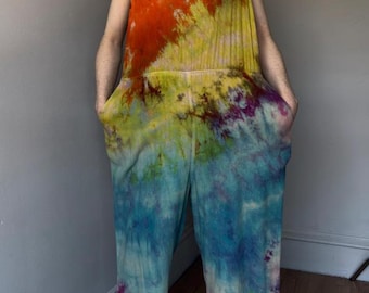 Tie Dye Women’s XL Khaki Rainbow Romper Open Lower Back panel embroidered collar Linen Cotton Outfit
