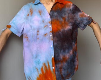 Womens XXL dark galaxy Rainbow shirt button up short sleeve top