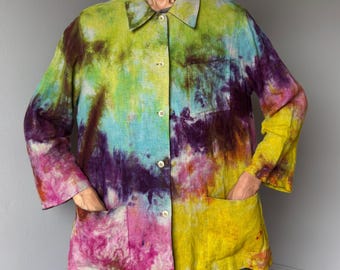 Regenbogen Leinen Jacke Vintage Harvé Benard Hemd mit Kragen Batik Top