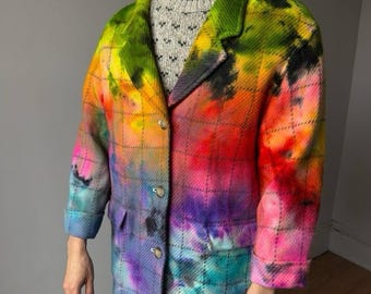 Damen L-M Karierter Blazer Sportcoat Rainbow Vintage