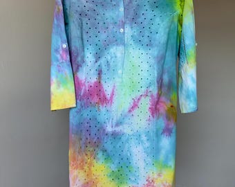 Damen 10 Blau Ozean Regenbogen Gürtel Kleid Knopf an der Brust Baumwolle Slip-On