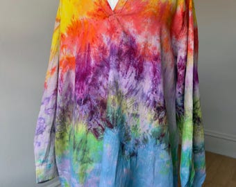 Tie Dye Shirt Women’s 3X Rainbow Blouse Collared V Neck Linen Top