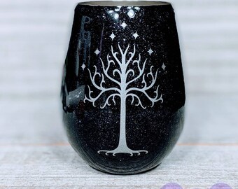 12oz Metal Wine Glass, Tree of Gondor Wine Glass, Glitter Metal Wine Glass, Black Glitter Wine Glass, LOTR Wine Glass, Tree of Gondor, LOTR
