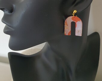 Burnt orange Marble effect arch Polymer clay handmade statement earrings + with brass hardware + Lightweight + UK postage + gifts for her