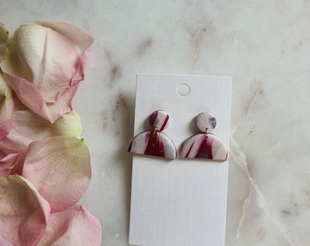 Marble effect Wine/white small Polymer clay handmade statement earrings + with brass hardware + Lightweight + UK postage + gifts for her