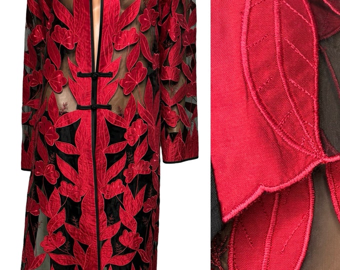 Vintage 100% Thai silk sheer embroidered black and red mid calf jacket