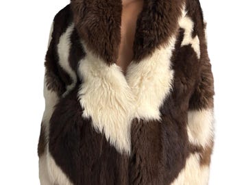 Rare baby soft vintage genuine Peruvian Alpaca fur chocolate brown and cream fur coat