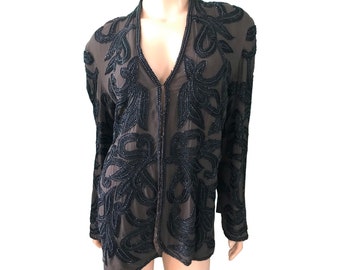 Vintage beaded Oleg Cassini brown silk jacket with black appliqué