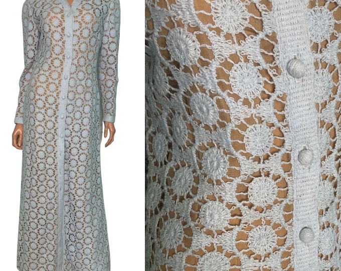 Stunning, rare 60s vintage baby blue, hand crocheted, fully lined, Pat Sandler button front maxi dress size 4