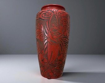 Rare Antique “Made in Japan” red pottery vessel. Hand engraved