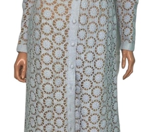 Stunning, rare 60s vintage baby blue, hand crocheted, fully lined, Pat Sandler button front maxi dress size 4