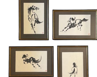 RARE set of 4 vintage signed Sumi-e/ inkwash original Horse paintings on rice paper