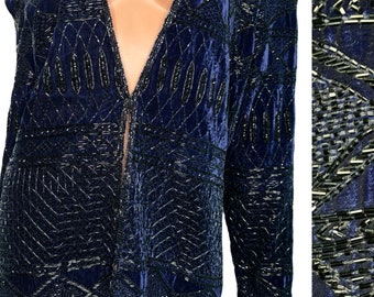 Rare vintage royal blue velvet heavy glass beaded Oleg Cassini jacket size large