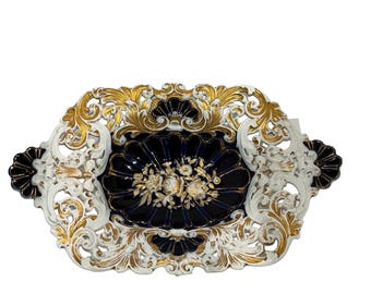 Antike Dresdner Meissen Rosen Kobalt Vergoldetes Herzstück Kompott 36 cm