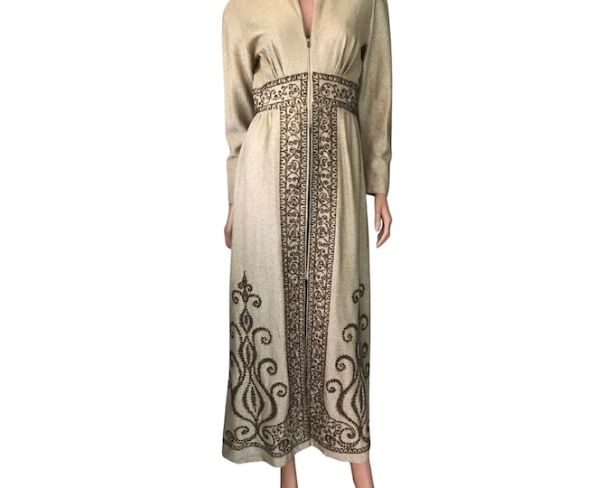 Vintage Glamorous 70’s sparkly gold dress and pant set. Brown and gold glitter embellishments.