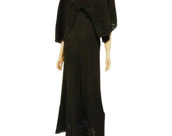 Vintage long hand-knit black dress with built-in cape