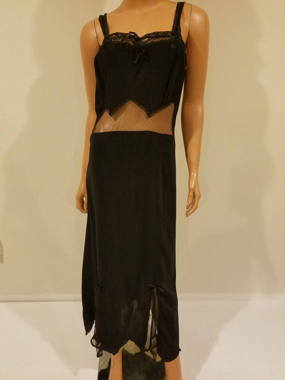 Vintage black silk slip dress, with sheer cutouts
