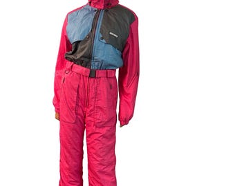 Vintage hot pink tricolor Descente hooded ski suit size Medium