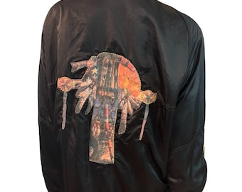 Rare Vintage Lily Farouche Ski zip front satin ski jacket with Native American embellishments