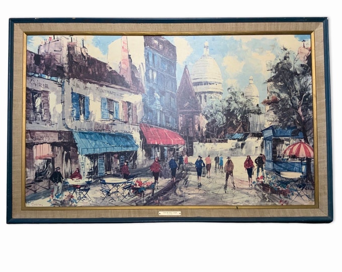Rare vintage textured large framed print “Sidewalk Cafe” signed Collins