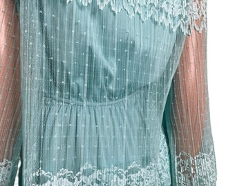 Vestido largo vintage de encaje azul claro de los años 70, talla M/L, para novia o dama de honor.
