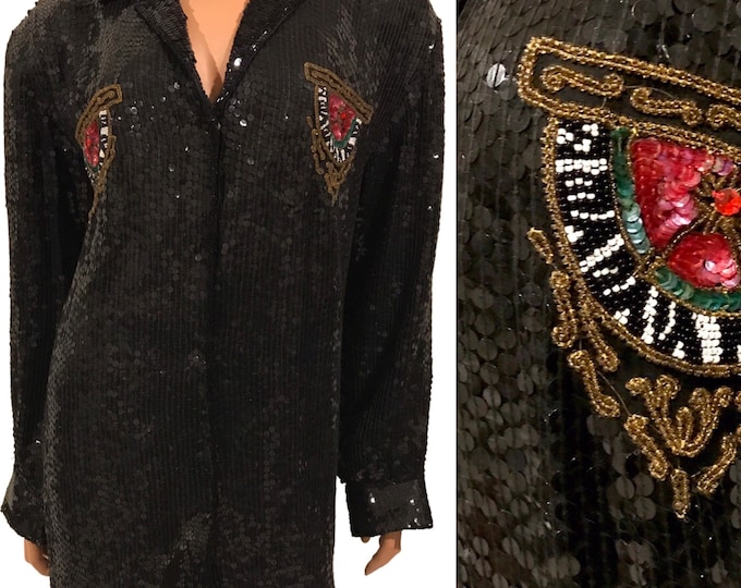 Vintage 100% pure silk ,sequin glass beaded, shirt-dress NWT