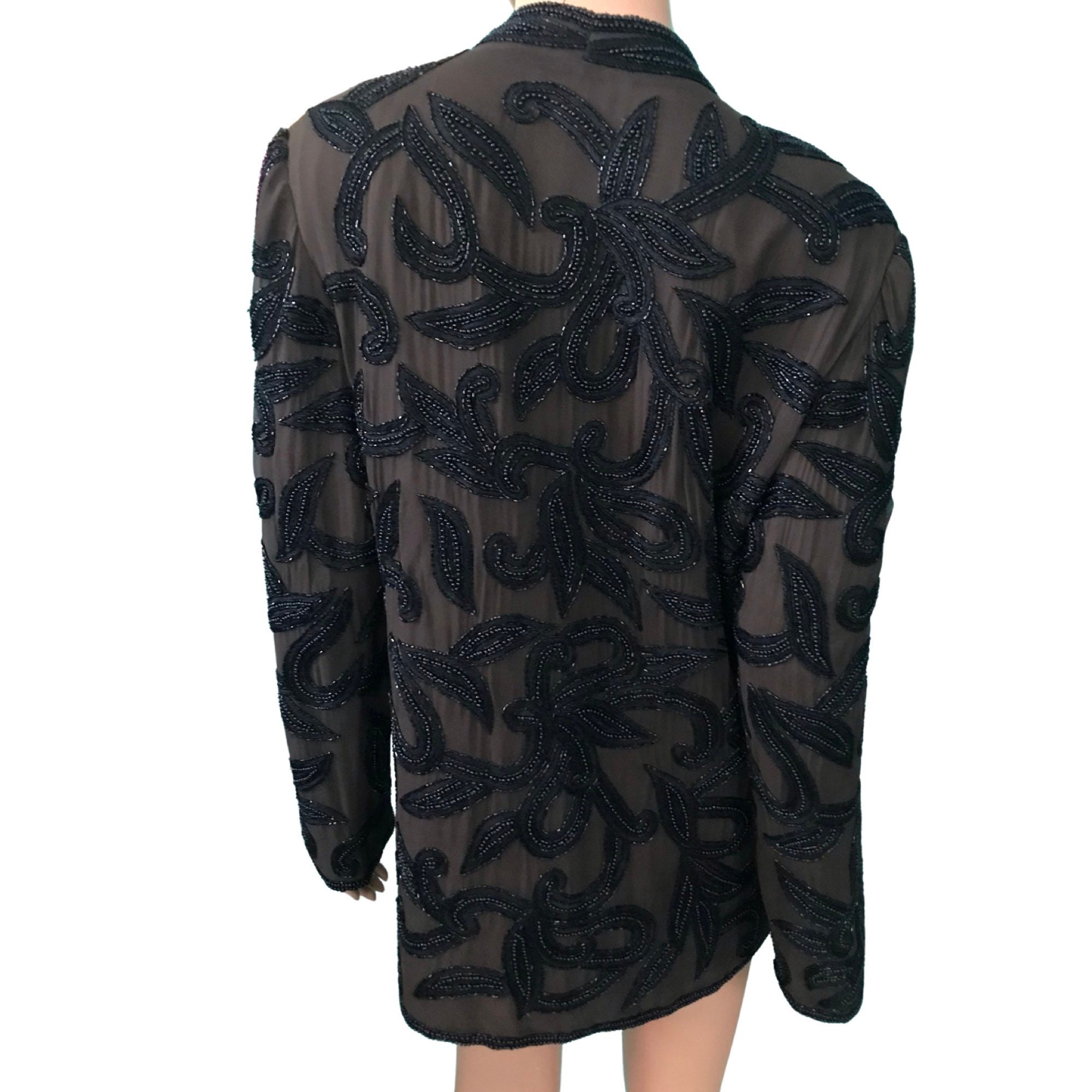 Vintage beaded Oleg Cassini brown silk jacket with black Vintage beaded Oleg Cassini brown silk jacket with black