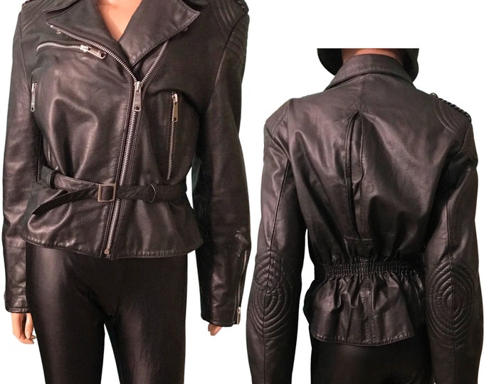 Vintage black Berman’s genuine leather motorcycle jacket with embossed stitching on shoulder and elbows, size large
