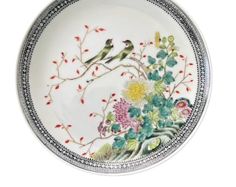 Rare vintage 20th century Famille Rose porcelain plate featuring hand painted birds and chrysanthemums 10” stamped Decorated in Hong Kong