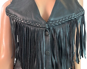 Vintage Genuine leather black fringe biker vest size small, featuring braided leather detail an conchos