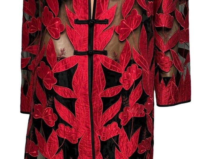 Vintage 100% Thai silk sheer embroidered black and red mid calf jacket