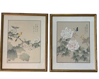 Vintage Chinese Hand Paintings Of Birds And Flower on Silk Framed Art *Set Of 2*.