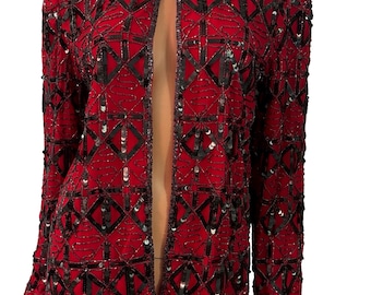 Vintage Papell Boutique 100% silk glass beaded jacket size small