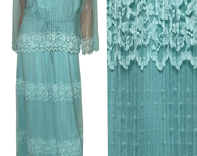 Vintage 70s light blue lace maxi dress M/L, wedding dress/bridesmaid dress