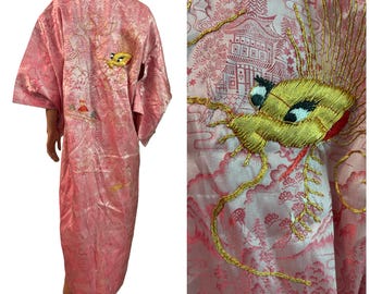 Vintage silk brocade pink kimono with gold dragon embroidery