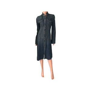 Vintage Lix denim snap front military style midi denim dress/ long jacket. Gold embroidery,size small,